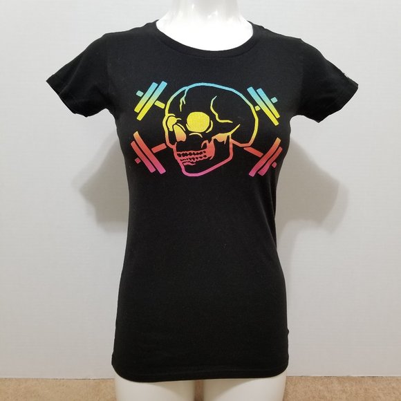 Reebok shirt Small skull & barbell crossbones graphic rainbow Pride goth punk - Picture 1 of 8